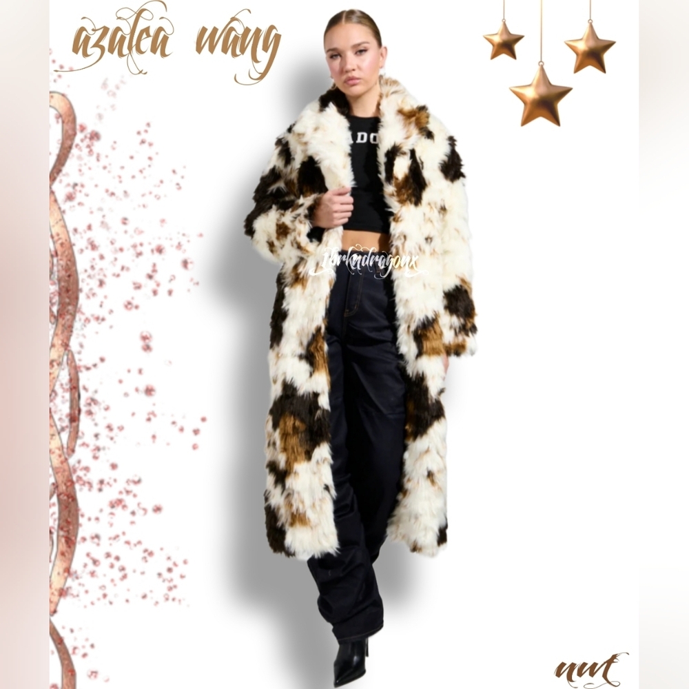 Azalea Wang Long Coat Animal Print Fur Luxurious Soft White Camel Copper Fur - Picture 15 of 16